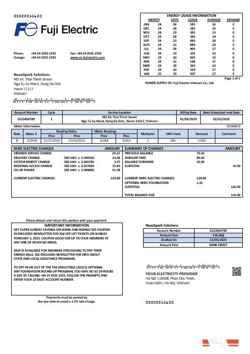 Vietnam Fuji Electric Vietnam Co. business utility bill template in Word formats PSD template